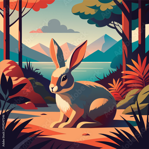 Cute bunny in a scenic landscape.
