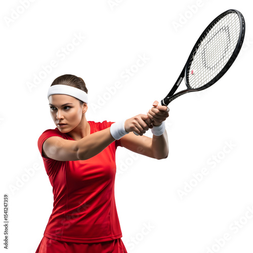 Female tennis player in red outfit serving a forehand