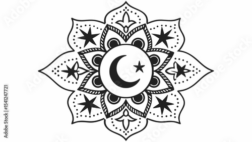 Black and white mandala with crescent moon and star in the center surrounded by stars and floral design created with generated ai