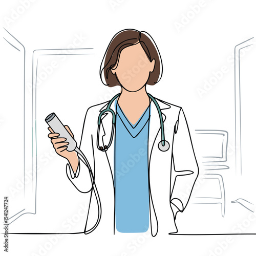 Doctor holds medical device in examination room. Healthcare professional, stethoscope, clinic visit, patient care, medicine