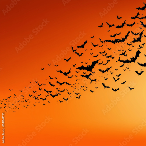 Halloween banner horizontal big background with bats on the orange. Template vector Illustration for text. Halloween background with swarm of bats on orange sky. Pattern background