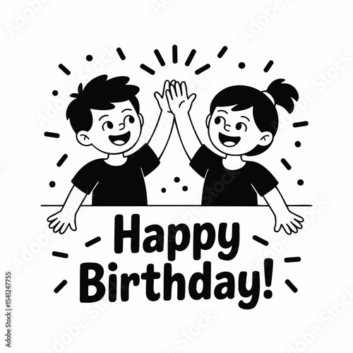 Kids give high five with "Happy Birthday!" message. Children celebrate birthday, expressing joy and friendship.