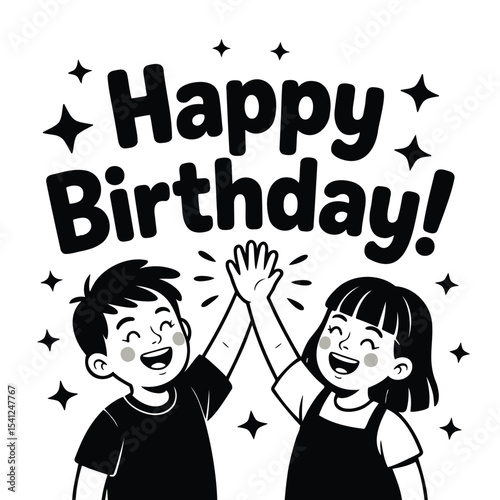 Kids give high five in birthday celebration. Happy friends celebrating, birthday greeting, party cheer, success.