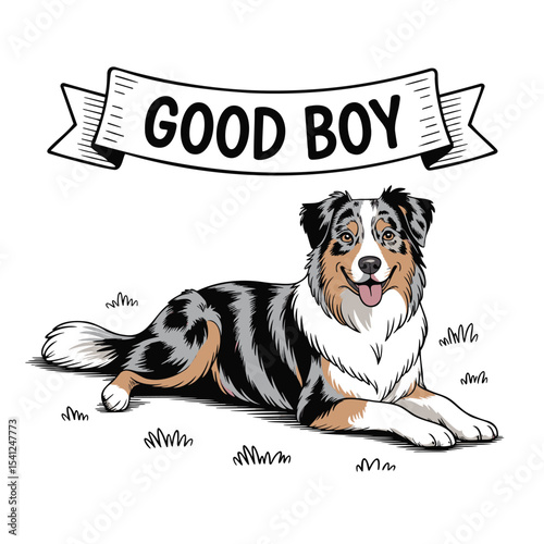 Dog lies down with banner stating "Good Boy". Cute, loyal pet, happy canine friend, domestic animal