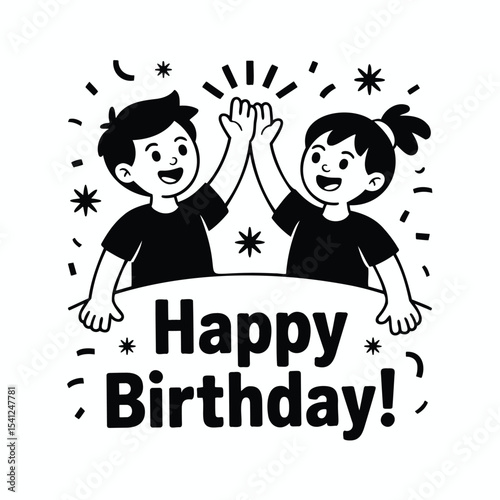 Two children celebrate with a high five, wishing 'Happy Birthday'. Celebration, childhood, friendship, joy, festive design.