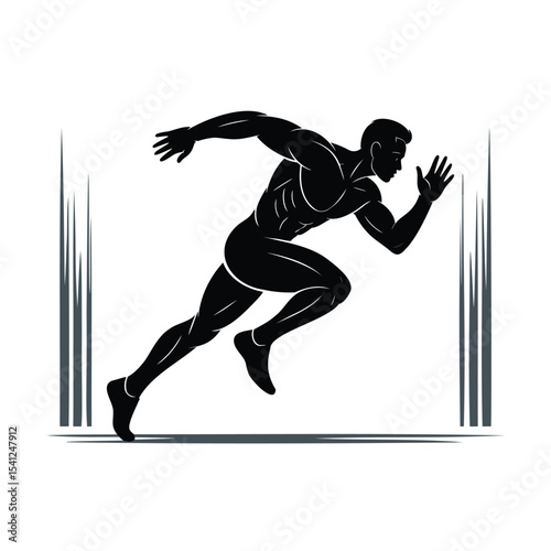 Silhouette illustration of a muscular runner sprints forward. Athletic physique, fitness, speed, movement, and healthy lifestyle.