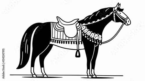 Illustration of a black horse with a saddle and bridle standing on a white background vector art created with generated ai