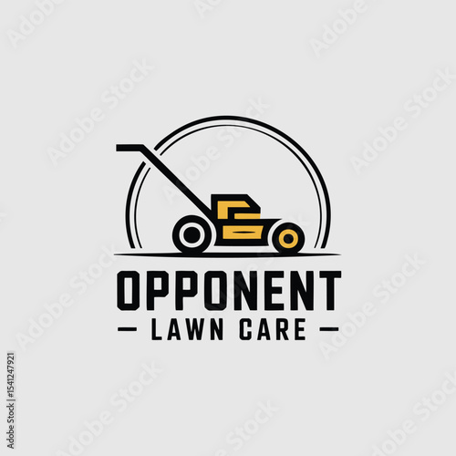 Lawnmower logo design template illustration for lawn care services. Garden maintenance, mowing equipment, landscaping company, lawncare branding.