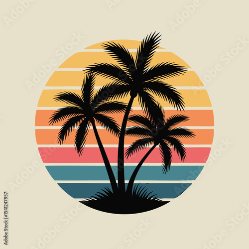 Tropical palm trees stand silhouetted against a sunset circle. Summer vacation, beach escape, tropical paradise, island vibes.