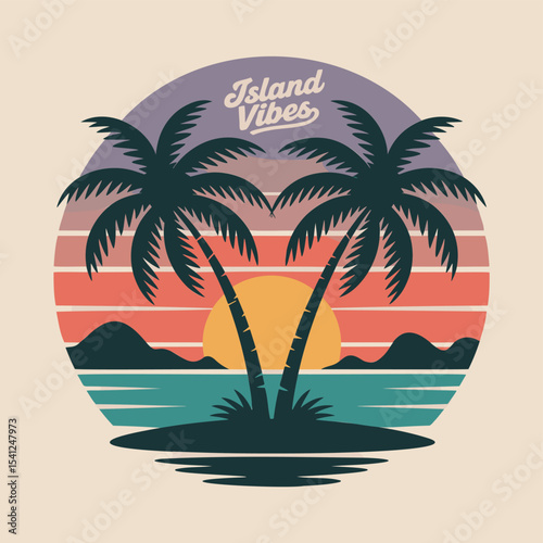 Retro sunset island illustration with palm trees and "Island Vibes" text. Tropical paradise, vintage design, vacation