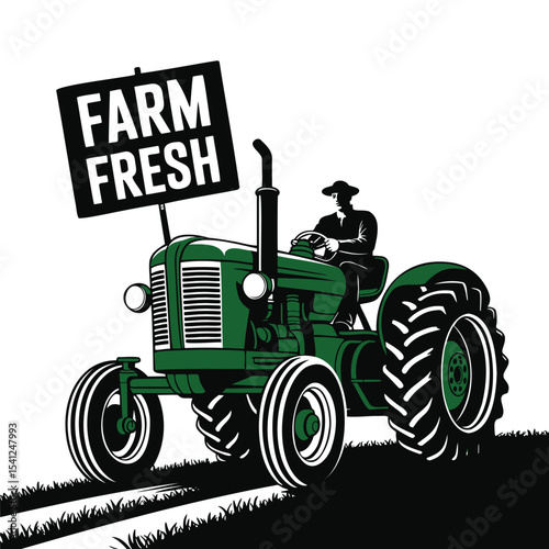 Farmer drives vintage tractor with "Farm Fresh" sign. Agriculture, farming, local produce, harvest, countryside.