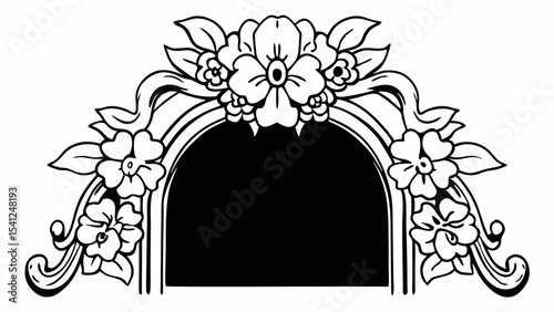 Floral archway design with decorative flowers and leaves in black and white outline illustration style created with generated ai