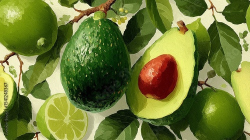 Fresh avocados and limes arranged artfully on leaves in a vibrant display during the bright morning light