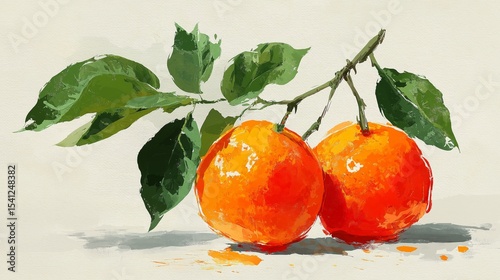 Vibrant oranges hang from a lush green branch against a soft, neutral background, capturing the essence of freshness and vitality in a serene still life