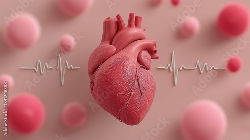 Heart anatomy representation amidst abstract pink spheres and heartbeat line showcasing the essence of life and health in vibrant detail