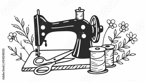 Vintage sewing machine with spools of thread, scissors, and floral accents in a monochrome design created with generated ai