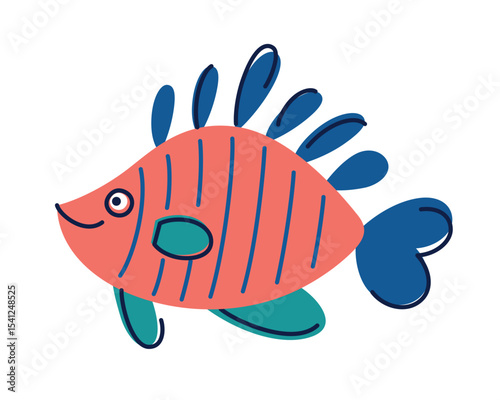Vector illustration of colorful mandarin fish, vibrant tropical sea fish with bright stripes and fins. Cute marine animal for kids design, sea life theme, educational materials, nursery decoration