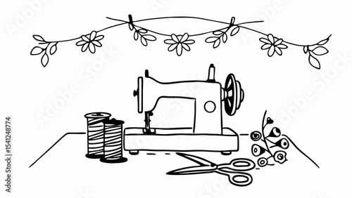 Illustration of a sewing machine with spools of thread and scissors on a table under a flower garland created with generated ai