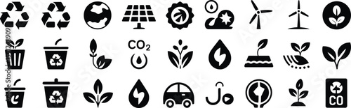 Recycling and Renewable Energy Icons Set in Black Silhouettes for Sustainable Design 
