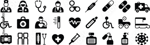 Health and Medical Icons Set in Black Silhouettes for Healthcare and Wellness Design