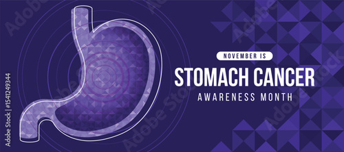 November is Stomach cancer awareness month - Periwinkle stomach sign with low poly texture and line circle layer in stomach on dark purper texture background vector design