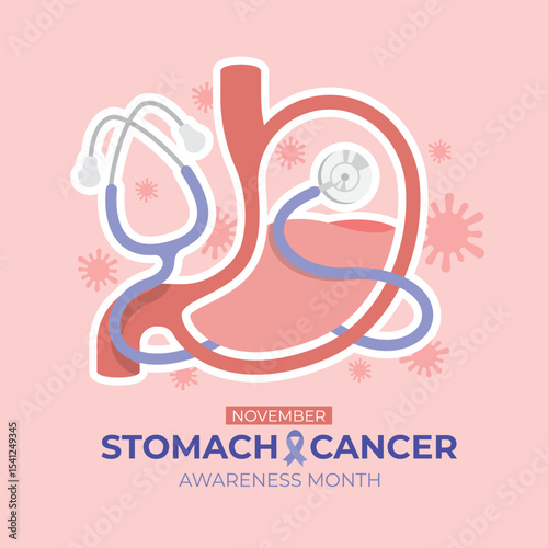November is Stomach cancer awareness month - Text and Periwinkle ribbon sign and pink stomach sign with stethoscope rolling around vector design