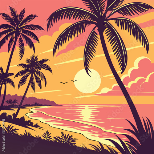 Tropical summer vacation with a lone palm tree silhouetted against the sunset sky over the ocean beach