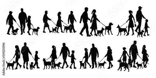 Families and their Dogs Silhouette Illustrations of Happy Walks