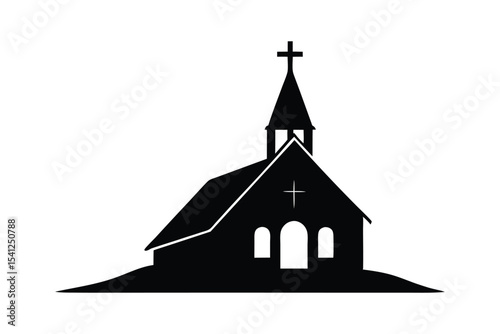 A black silhouette vector art of a church with cross.eps