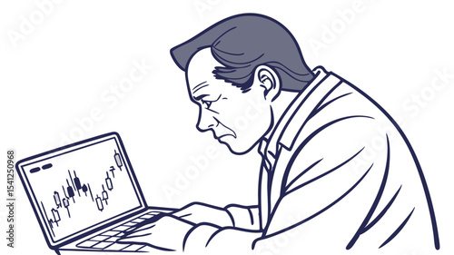 Man intently watching stock market data on a laptop screen with a concerned expression on his face intently