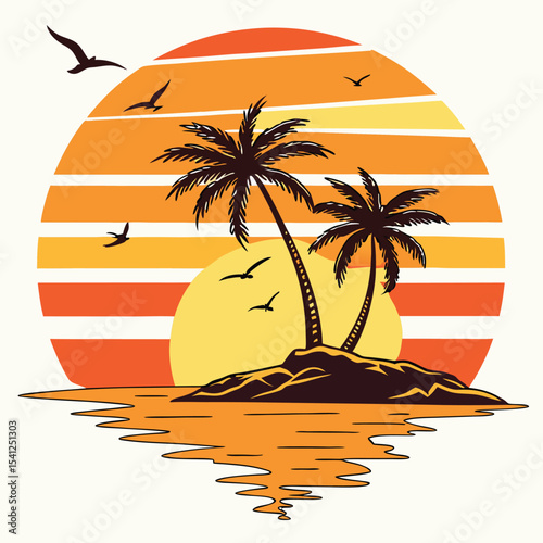 Tropical island paradise with palm trees on a sunny beach, surrounded by the clear blue sea