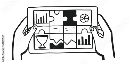 Hands holding tablet displaying data charts and puzzle pieces forming a cohesive information set
