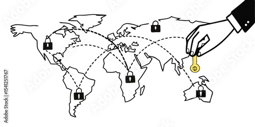World map with padlocks connected by dashed lines and a hand holding a key near asia continent
