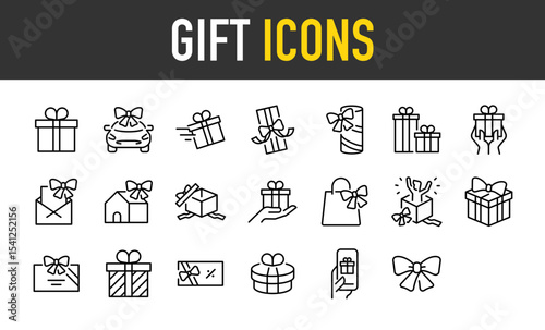Set of Gift vector icons. such as Present, Vehicle, Transport, Christmas, Letter, Award, Party, Luxuary, Discount, Circle, Mobile, Ribbon illustration.	
