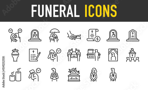 Set of Funeral vector icons. such as Care, Dog, Cry, Flower, Cat, Business, Monument, Dead, Paper, Death, Mourn, Photo, Religious, Light, Crying, Memorial, Woman, Man illustration.	
