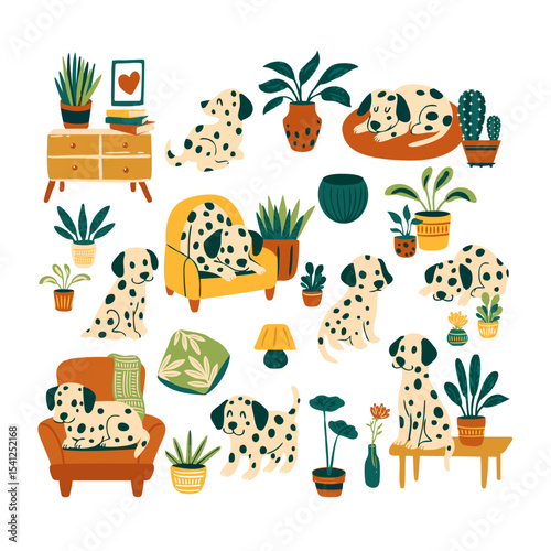 Cozy Dog in a Plant-Filled Home – Vector Style
