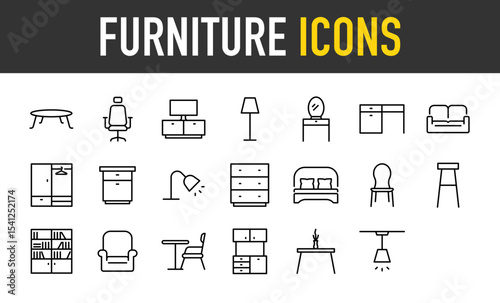 Set of Furniture vector icons. such as Sofa Table, Office, Cabinet, Light, Multifunctional Tables, Sofa, Appliance, Chests Of Drawers, Drawer, Book, Cooking, Pendants illustration.	

