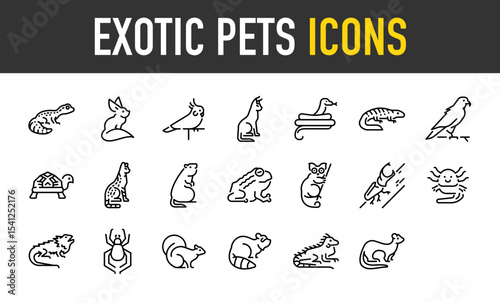 Set of Exotic pets vector icons. such as Leopard Gecko, Animal, Cute, Sulcata, Frog, Bushbaby, Horned Beetle, Pogona illustration.	
