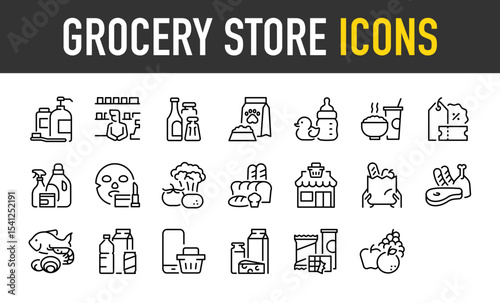 Set of Grocery store vector  icons. such as Cleaning , Shop, Cooking, Food, Baby, Product, Health, Market, Bag, Drink, Shopping, Cheese, Fruit illustration.	
