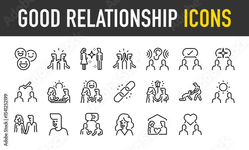 Set of Good relationship vector icons. such as Smile, Support, Love, Win, Communication, Agree, Smart, Think, Restaurant, Smile, Link, Help, Light, Man, Happy illustration.	
