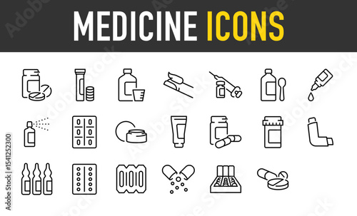 Set of Medicine vector icons. such as Medicine, Cream, Heal, Cassette illustration.	
