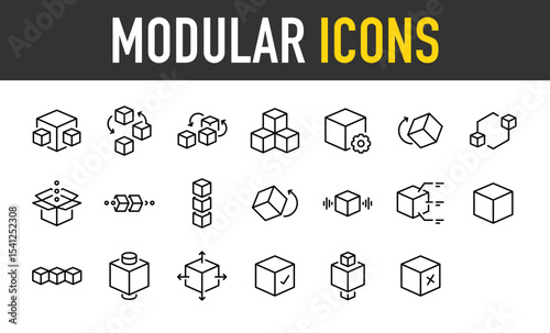 Set of Modular vector icons. such as Element, Blocks, Switch, Configuration, Boxes, Rotate, Arrange, Open, Transfer, Stack, Voice, Program, Plugin, Direction, Check illustration.	
