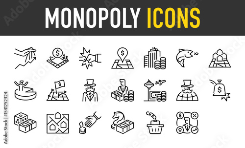 Set of Monopoly vector icons. such as Antitrust, Finance, Location, Business, Money, Travel, Game, World, Partnership, Market illustration.	
