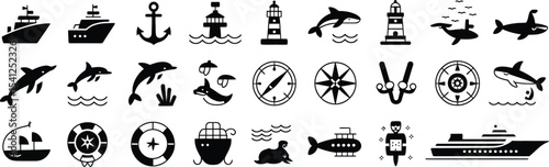 Nautical and Maritime Icons Set in Black Silhouettes for Ocean and Sea Design