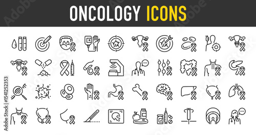 Set of Oncology vector icons. such as Test, Medicine, Cancer, Medical, Ribbon, Esophagus, Find, Cut, Bone, Bladder, Tonsil, Food illustration.	
