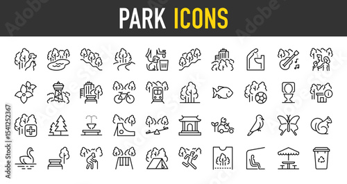 Set of Park vector icons. such as Dog, Nature, Park, Drink, Music, Transport, Exercise, Travel, Medical, Animal, Old, Bus, Delete illustration.	
