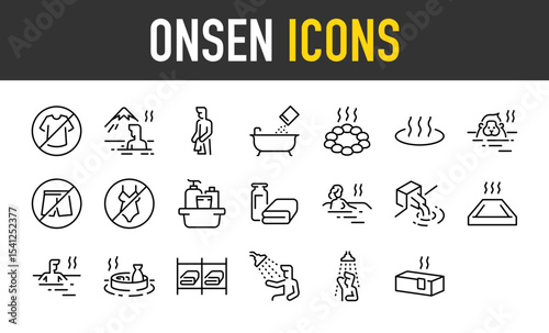 Set of Onsen vector icons. such as Clothes, View, Japanese, Onsen Powder, Hot, Forbidden, Bath, After Bath, Woman, Floating, Cleaning illustration.	
