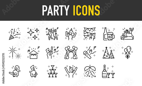 Set of Party vector icons. such as Congratulate, Stars, Music, Happy, Drink, Balloon, Man illustration.	
