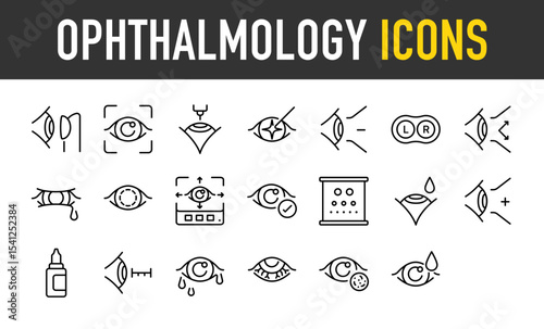 Set of Ophthalmology vector icons. such as Eye, Check, Intraocular, Shortsighted, Contacts, Presbyopic, Disease, Healthy, Chart, Medicine illustration.	

