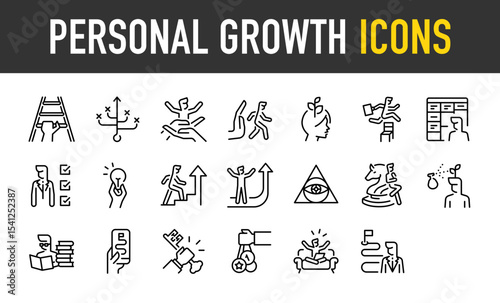 Set of Personal growth vector icons. such as Climbing, Right, Backup, Eco, Skip, Time, Diploma, Idea , Personal, Develop, Vision, Business, Development, Books, Device illustration.	

